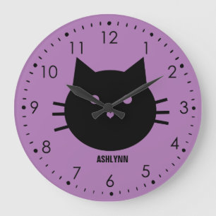 Grande Horloge Ronde Personalized Purple Cat