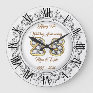 Grande Horloge Ronde Personnalisation Joyeuse Argent 25e Anniversaire