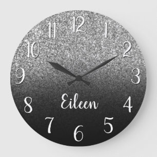 Grande Horloge Ronde Personnalisé Girly Argent Paillettes Noir Ombre