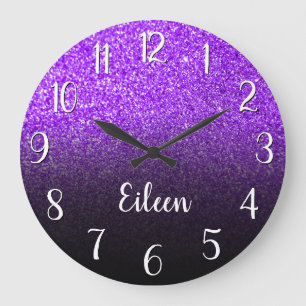 Grande Horloge Ronde Personnalisé Girly Violet Pailleté Noir Ombre