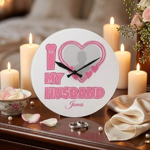 Grande Horloge Ronde Personnalisé J'aime mon mari – Ajouter une photo e