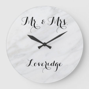 Grande Horloge Ronde Personnalisé M. & Mme White Grey Marble