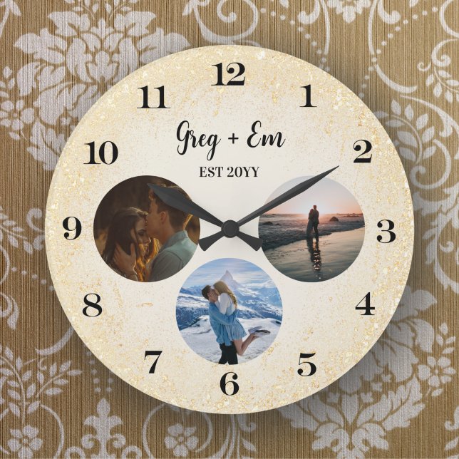 Grande Horloge Ronde Personnalisé Moderne 3 Photo Collage Nouveautés Me (Créateur téléchargé)