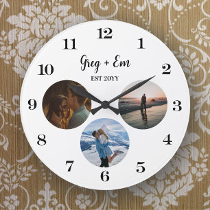 Grande Horloge Ronde Personnalisé Moderne 3 Photo Collage Nouveaux Méta