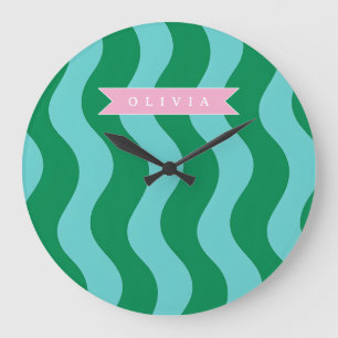 Grande Horloge Ronde Personnalisé Moderne Amusant Rayures de vague vert