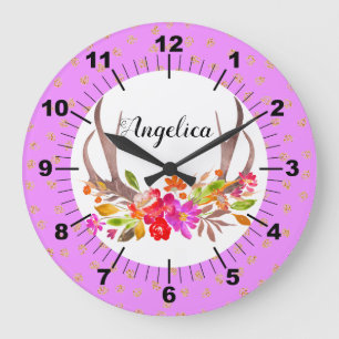 Grande Horloge Ronde Personnalité de Floral Deer Antlers