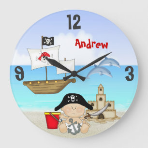 Grande Horloge Ronde Personnalized Baby Pirate Beach Wall Clock