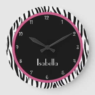 Grande Horloge Ronde Personnalized Black, Pink et Zebra Print Clock