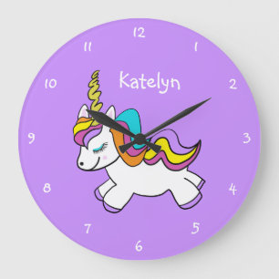 Grande Horloge Ronde Personnalized Girls Purple Unicorn