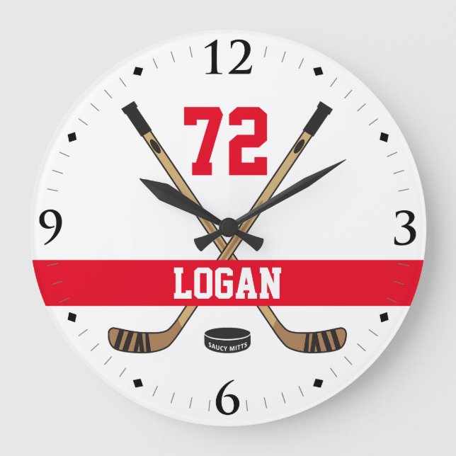 Grande Horloge Ronde Personnalized Hockey Player Number Red (Recto)
