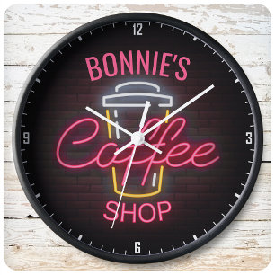 Grande Horloge Ronde Personnalized NAME Neon Style Coffee Shop Custom