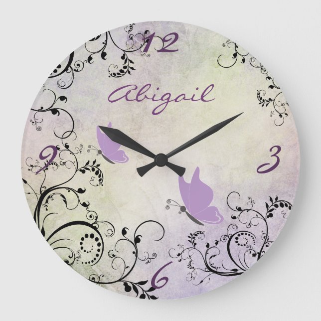 Grande Horloge Ronde Personnalized Pretty Purple Butterfly and Vines (Recto)