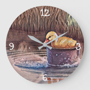 Grande Horloge Ronde Petit Canard Jaune Jouant Dans Le Seau