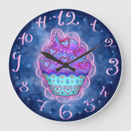 Grande Horloge Ronde Petit cupcake bleu/rose avec coeur rose
