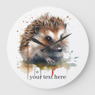 Grande Horloge Ronde Petit hérisson mignon à l'aquarelle marron