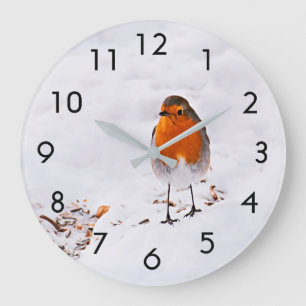 Grande Horloge Ronde Petit Robin dans la neige