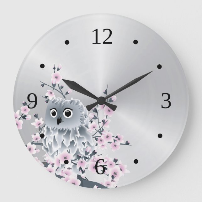 Grande Horloge Ronde Petite chouette et fleurs de cerisier argentées (Recto)