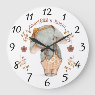 Grande Horloge Ronde Petite Fille Éléphant Personnalisé