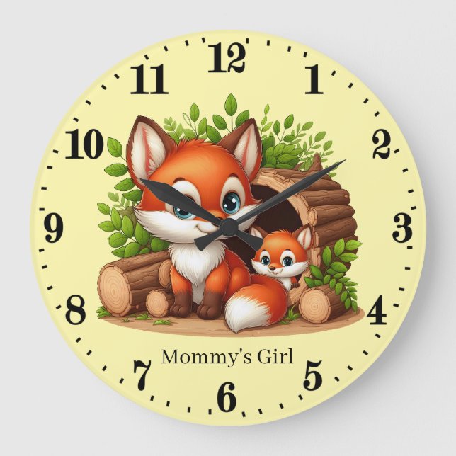 Grande Horloge Ronde Petites filles bébé renard ajouter nom (Recto)