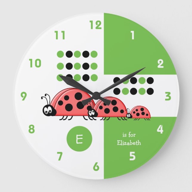 Grande Horloge Ronde Petits louches verts et blancs avec nom (Recto)