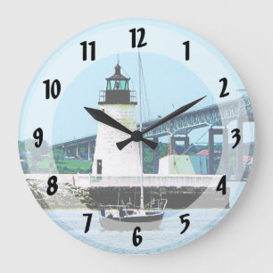 Grande Horloge Ronde Phare, pont et bateaux, Newport, RI
