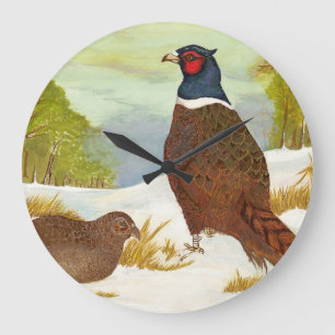 Grande Horloge Ronde Pheasants à Snow Painting Clock