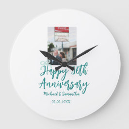 Grande Horloge Ronde Photo 50e anniversaire de mariage ruban turquoise 