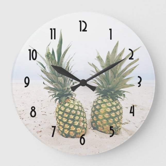 Grande Horloge Ronde Photo de 2 ananas sur une plage (Recto)