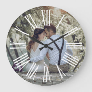Grande Horloge Ronde Photo de couple de mariage rustique personnalisé