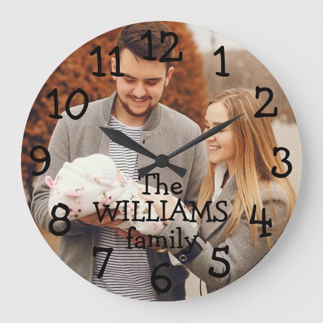 Grande Horloge Ronde Photo De Famille Personnalisée Et Nom (Recto)