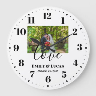 Grande Horloge Ronde Photo de mariage personnalisée Calligraphie simple