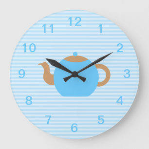 Grande Horloge Ronde Photo de théière bleue sur Blue Stripes.