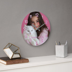 Grande Horloge Ronde Photo et nom personnalisés rose
