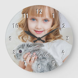 Grande Horloge Ronde Photo personnalisé Nom Date de naissance Chiffres