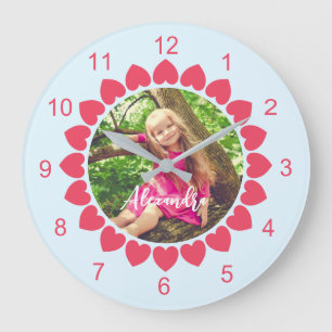 Grande Horloge Ronde Photo personnalisée avec cercle de cœurs pêche