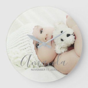 Grande Horloge Ronde Photo personnalisée avec nom et texte personnalisé