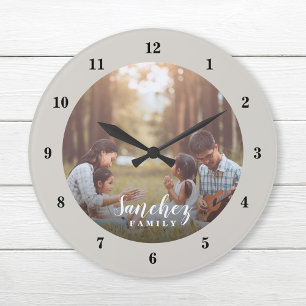 Grande Horloge Ronde Photo personnalisée et nom de famille Personnalisé