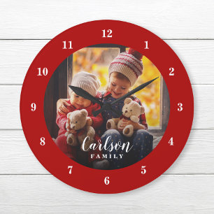 Grande Horloge Ronde Photo personnalisée et nom de famille Personnalisé