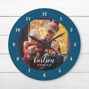 Grande Horloge Ronde Photo personnalisée et nom de famille Personnalisé