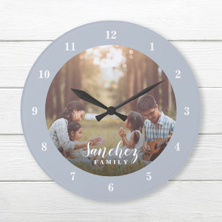 Grande Horloge Ronde Photo personnalisée et nom de famille Personnalisé