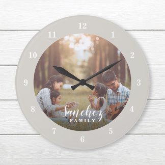 Grande Horloge Ronde Photo personnalisée et nom de famille Personnalisé
