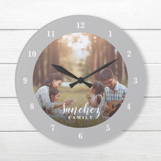 Grande Horloge Ronde Photo personnalisée et nom de famille Personnalisé
