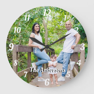 Grande Horloge Ronde Photo personnalisée nom lettres blanches
