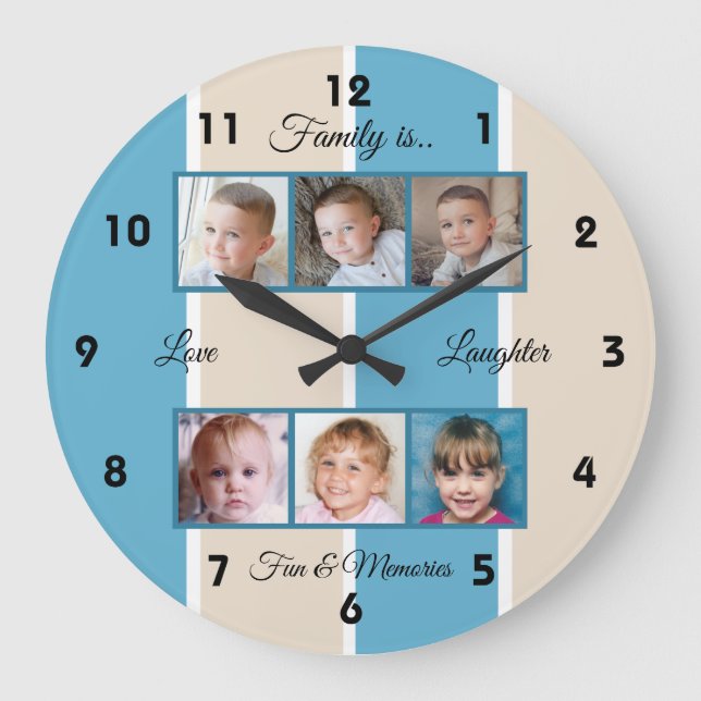 Grande Horloge Ronde Photos de famille bleu et crème (Recto)