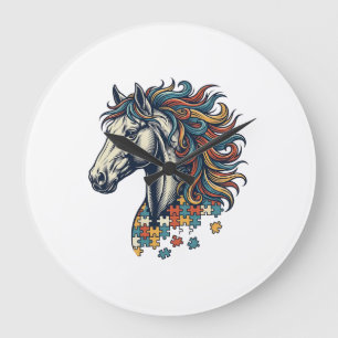 Grande Horloge Ronde Pièce de puzzle de cheval coloré T-Shirt gravure v