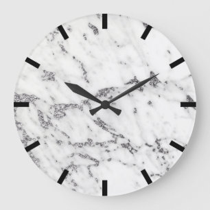 Grande Horloge Ronde Pierre blanche noire argentée grise de marbre de