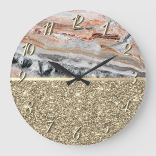 Grande Horloge Ronde Pierre de marbre élégante et chic dorée scintillan