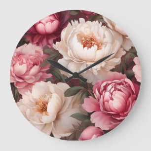 Grande Horloge Ronde Pierre rose et blanche florale