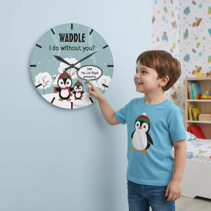 Grande Horloge Ronde Pingouin Bébé Gris Mignonne En Neige D'Hiver