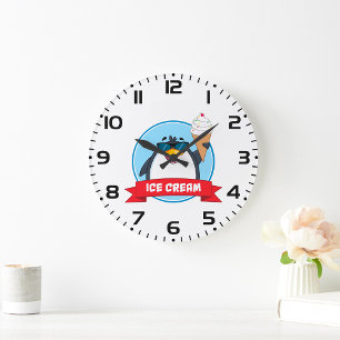Grande Horloge Ronde Pingouin cool tenant de la crème glacée